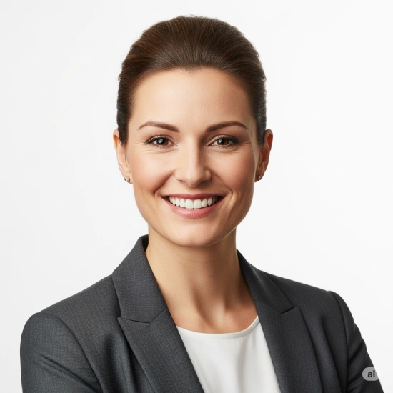 Mujer emprendedora feliz con blazer y fondo blanco