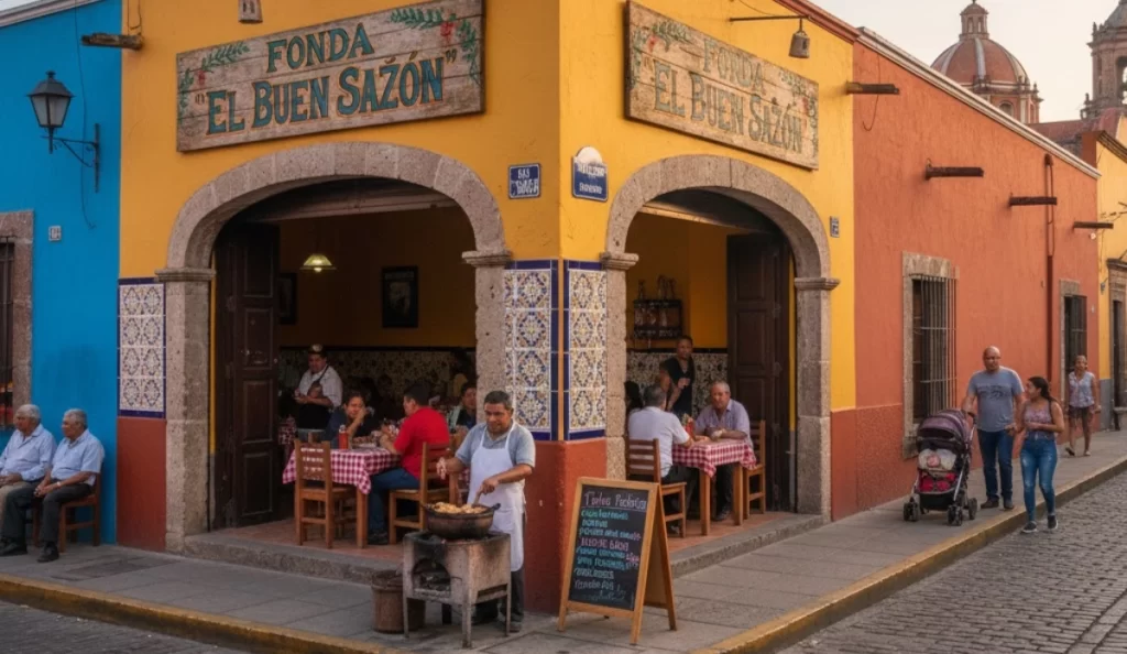 Esquina de fonda tradicional mexicana "El Buen Sazón" para guía SEO local