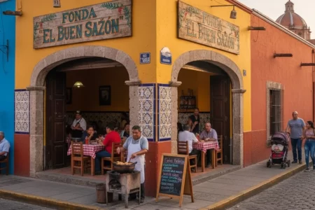 Esquina de fonda tradicional mexicana "El Buen Sazón" para guía SEO local