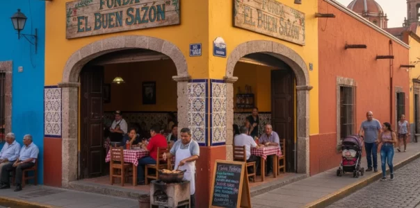 Esquina de fonda tradicional mexicana "El Buen Sazón" para guía SEO local