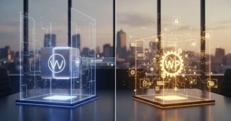 Comparación WordPress vs Wix para tu negocio, mostrando las limitaciones de la plataforma cerrada (Wix) frente al SEO de código abierto (WordPress).