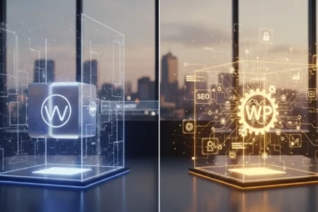 Comparación WordPress vs Wix para tu negocio, mostrando las limitaciones de la plataforma cerrada (Wix) frente al SEO de código abierto (WordPress).