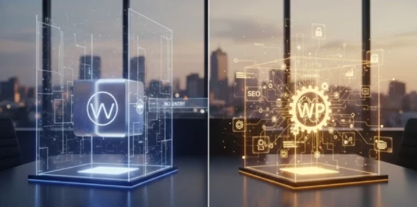 Comparación WordPress vs Wix para tu negocio, mostrando las limitaciones de la plataforma cerrada (Wix) frente al SEO de código abierto (WordPress).